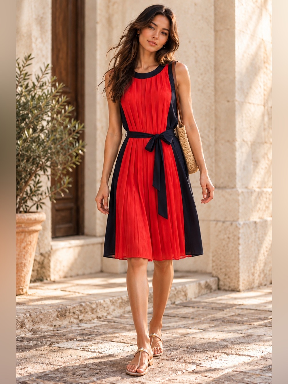 Michael Michael Kors Red & Navy Pleated Colorblock Midi Dress Belted Size L